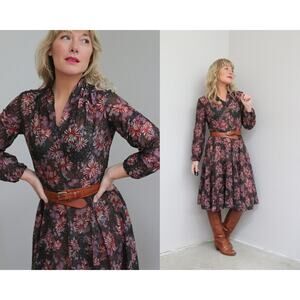 1970's Vintage Dark Floral Cottage Sheer Dress ~ Women's XS SM ~ Midi Length Day